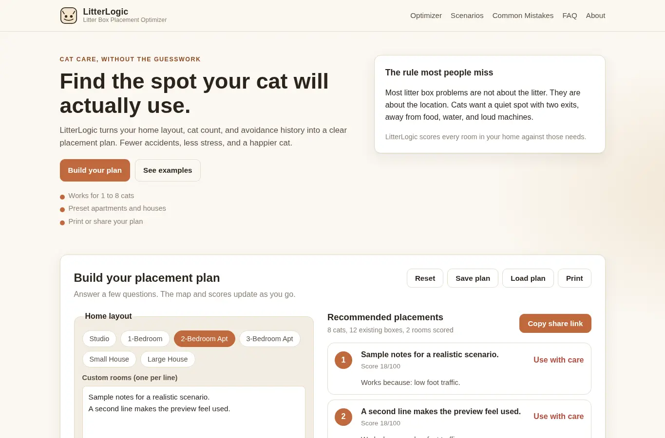 Screenshot of LitterLogic | Cat Litter Box Placement Optimizer interface showing the project page in use